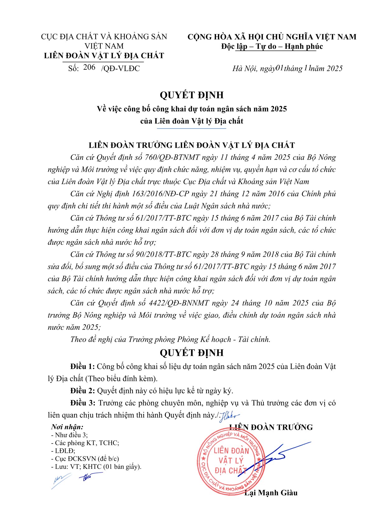 Công bố công khai dự toán ngân sách nhà nước năm 2025 của Liên đoàn Vật lý Địa chất