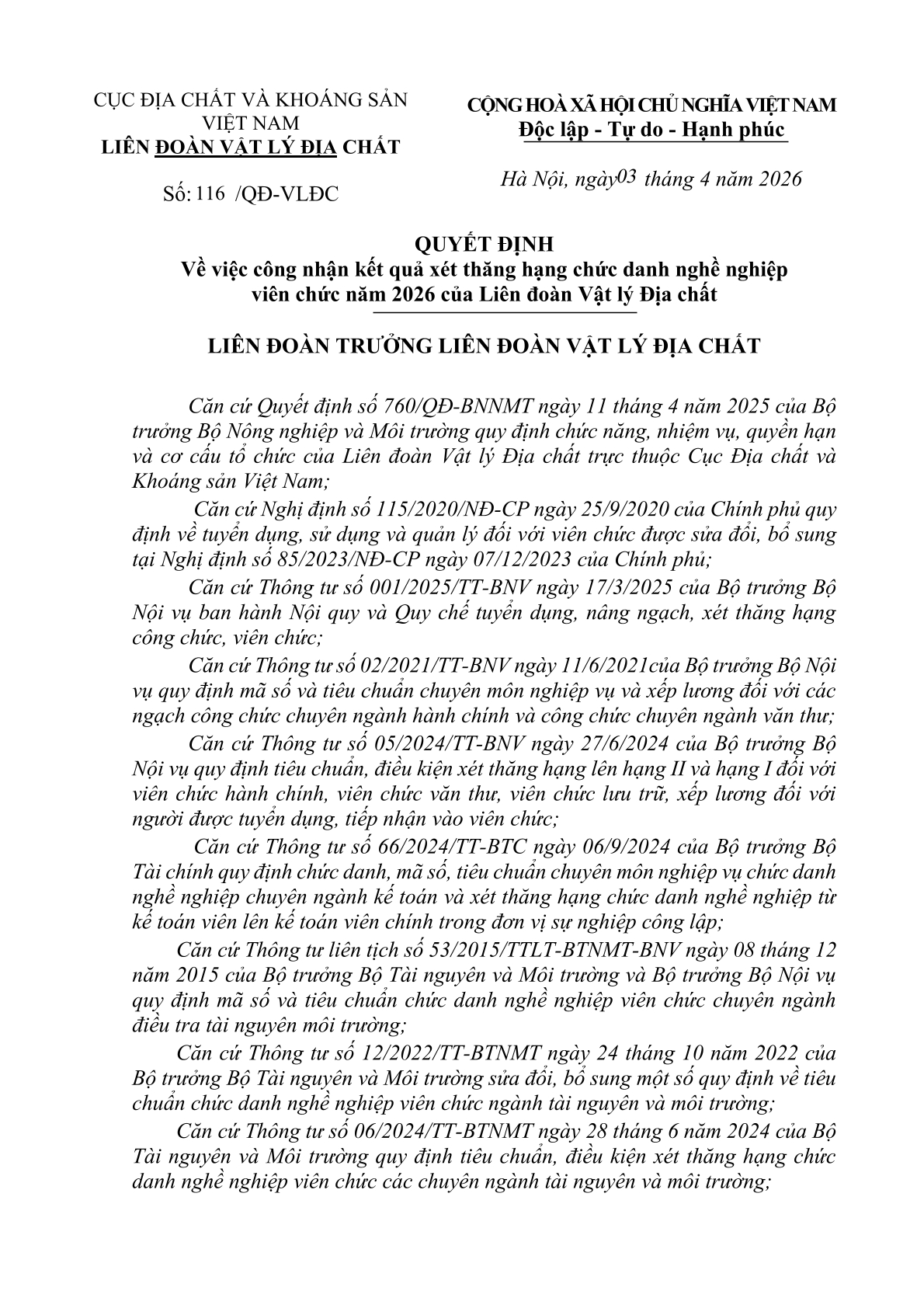 Quyết định công nhận kết quả xét thăng hạng chức danh nghề nghiệp viên chức năm 2026 của Liên đoàn Vật lý Địa chất